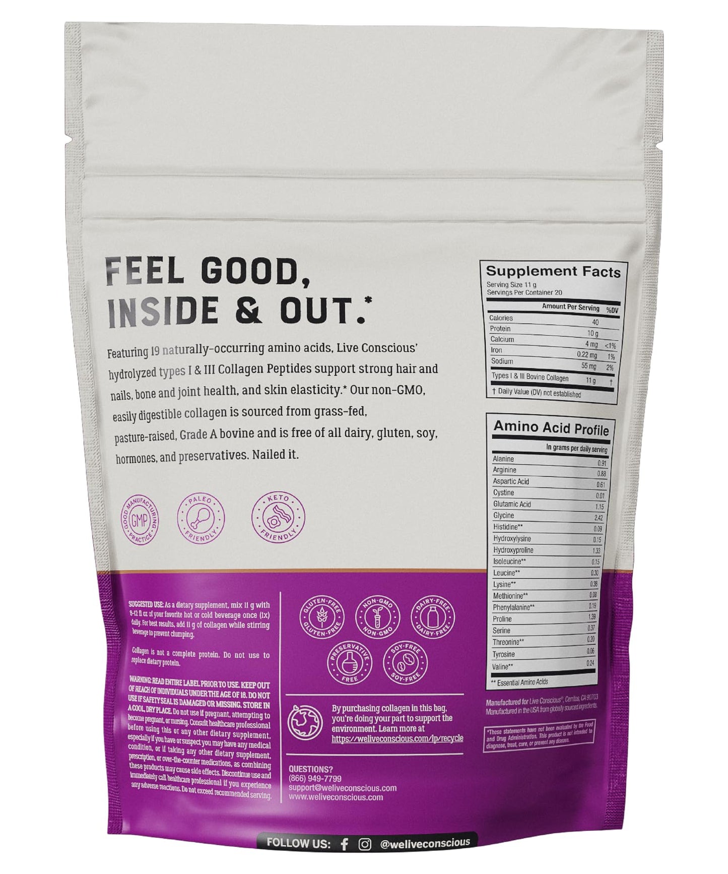 Live Conscious Collagen Peptides Powder - Naturally-Sourced Hydrolyzed Collagen Powder - Hair, Skin, Nail, and Joint Support - Type I & III Grass-Fed Collagen Supplements for Women and Men - 16oz