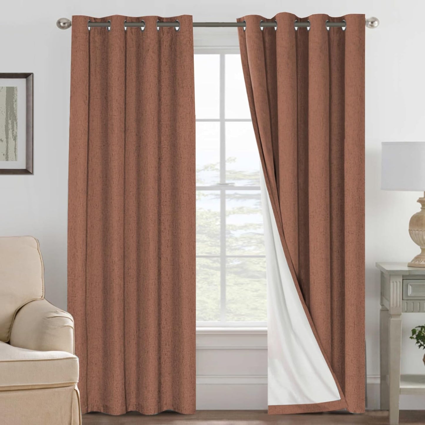 H.VERSAILTEXLinen-Polyester Curtains 100%Blackout Curtains for Bedroom 96"Long Full Light Blocking Nature Linen-Polyester Blended Window Curtains for LivingRoomNickel Grommet(2Panels,HeatheredNatural)