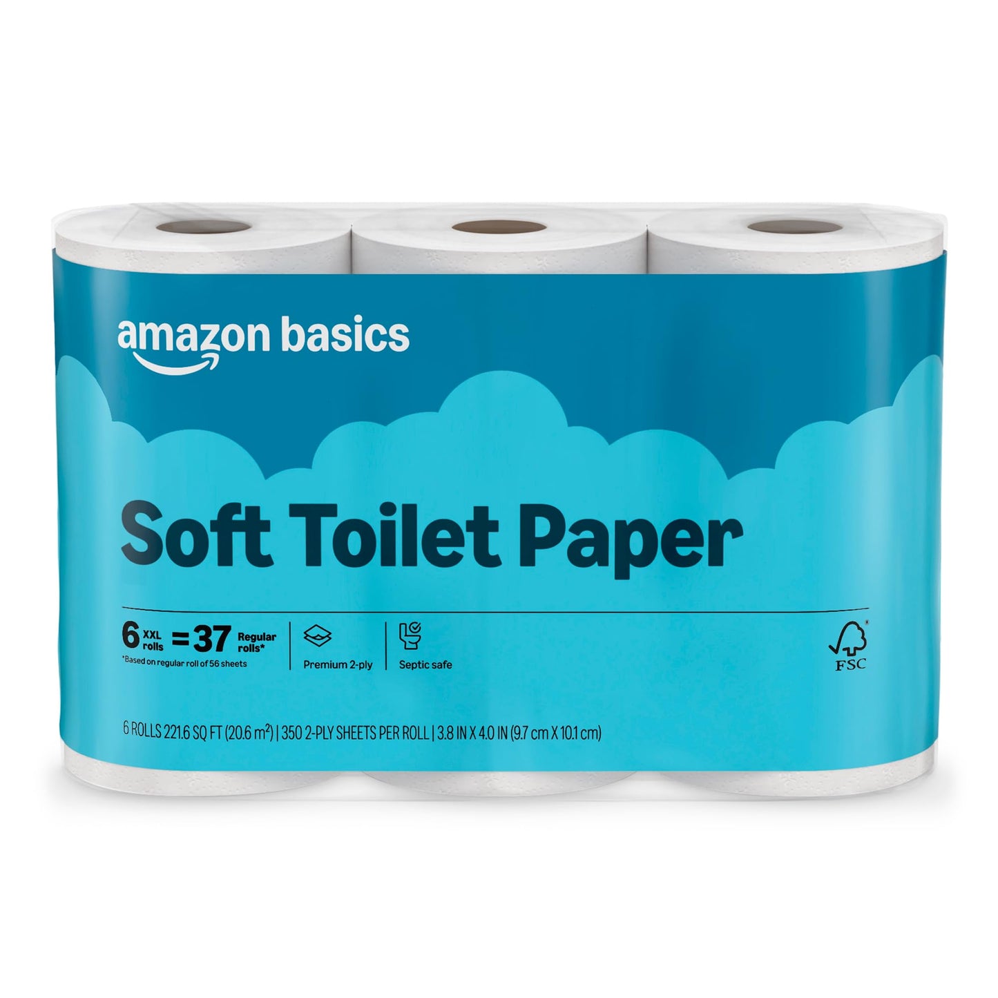 Amazon Basics 2-Ply Soft Toilet Paper, 30 Rolls (5 Packs of 6), Equivalent to 185 Regular Rolls, Packaging May Vary