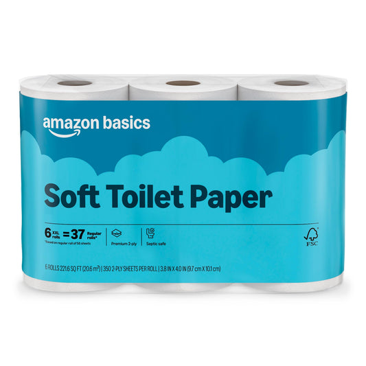 Amazon Basics 2-Ply Soft Toilet Paper, 30 Rolls (5 Packs of 6), Equivalent to 185 Regular Rolls, Packaging May Vary