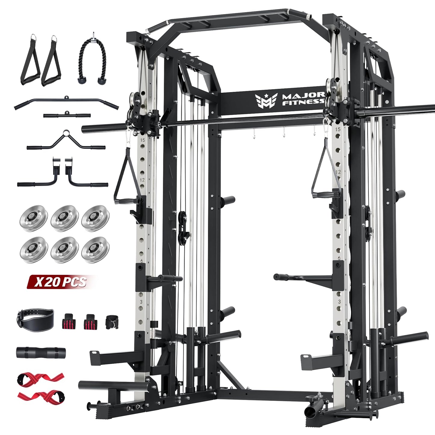 Major Fitness Drone2 Advanced Training Smith Machines– All-in-One Home Gym Squat Rack with Aluminum Pulley Set , Weight Bar, Dual LAT Pull-Down Systems & Cable Crossover Machine for Full-Body Workouts