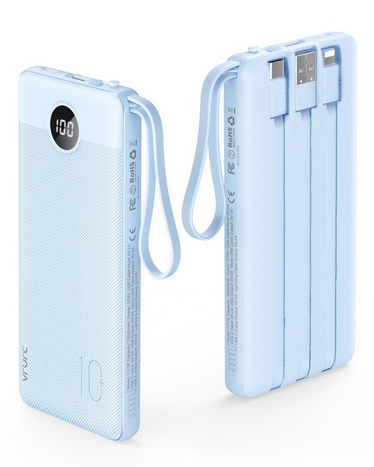VRURC Portable Charger Power Bank, 10000mAh Travel Essentials Battery Pack, 5 Outputs 2 Inputs Slim Charing Bank Built-in Cables Cords Wires Compatible with iPhone,Samsung,Android-White(1 Pack)