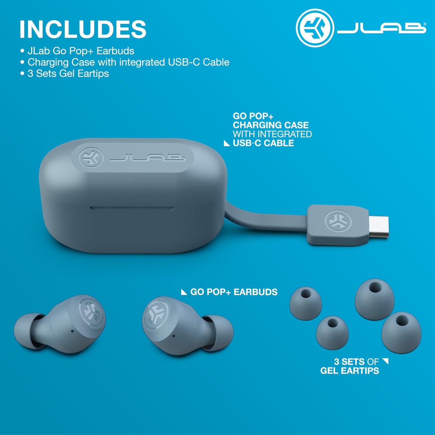 JLab Go Air Pop+ True Wireless Earbuds, in Ear Headphones, Bluetooth Earphones, 35H Playtime Ear Buds, Bluetooth Earbuds with Microphone, USB-C Charging Case, Dual Connect, EQ3 Sound, Black