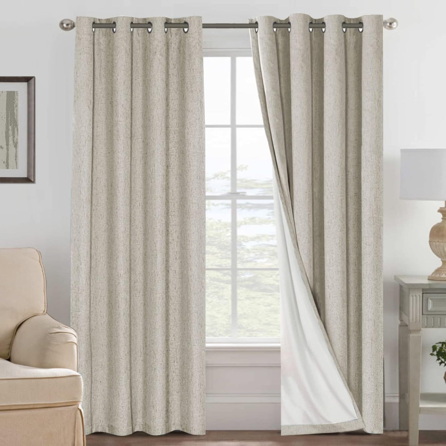 H.VERSAILTEXLinen-Polyester Curtains 100%Blackout Curtains for Bedroom 96"Long Full Light Blocking Nature Linen-Polyester Blended Window Curtains for LivingRoomNickel Grommet(2Panels,HeatheredNatural)