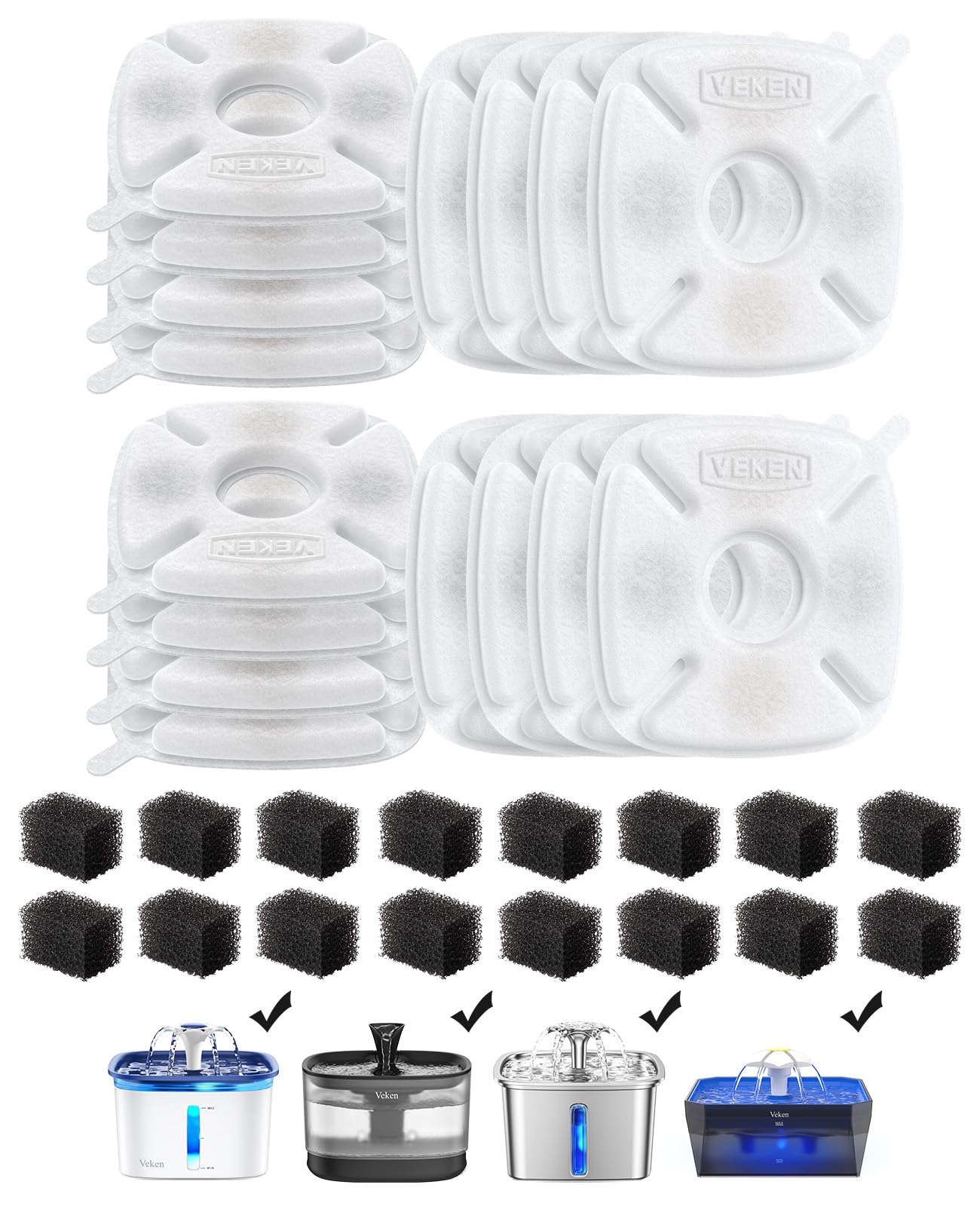 Veken Cat Water Fountain Filters, 8 Pack Replacement Filters & 8 Pack Replacement Pre-Filter Sponges Set for 50oz, 84oz, 95oz or 108oz Automatic Pet Fountain Dog Water Dispenser