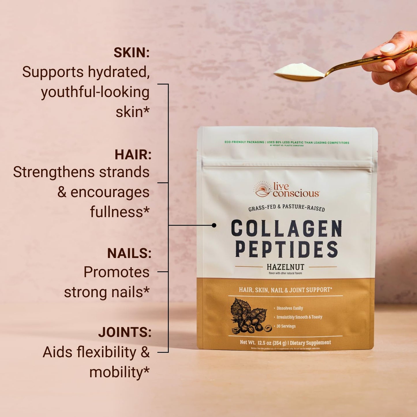 Live Conscious Collagen Peptides Powder - Naturally-Sourced Hydrolyzed Collagen Powder - Hair, Skin, Nail, and Joint Support - Type I & III Grass-Fed Collagen Supplements for Women and Men - 16oz