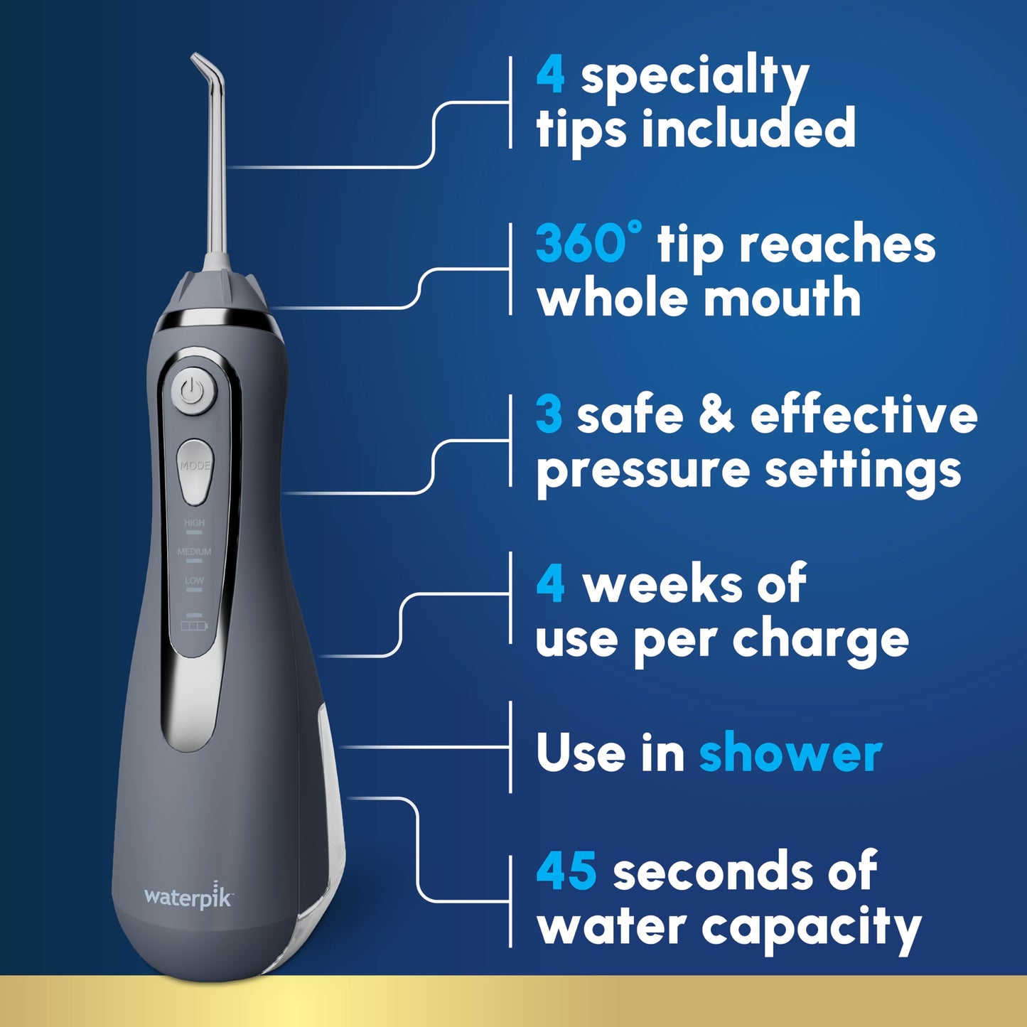 Waterpik Cordless Advanced 2.0 Water Flosser For Teeth, Gums, Braces, Dental Care With Travel Bag and 4 Tips, ADA Accepted, Rechargeable, Portable, and Waterproof, White WP-580, Packaging May Vary