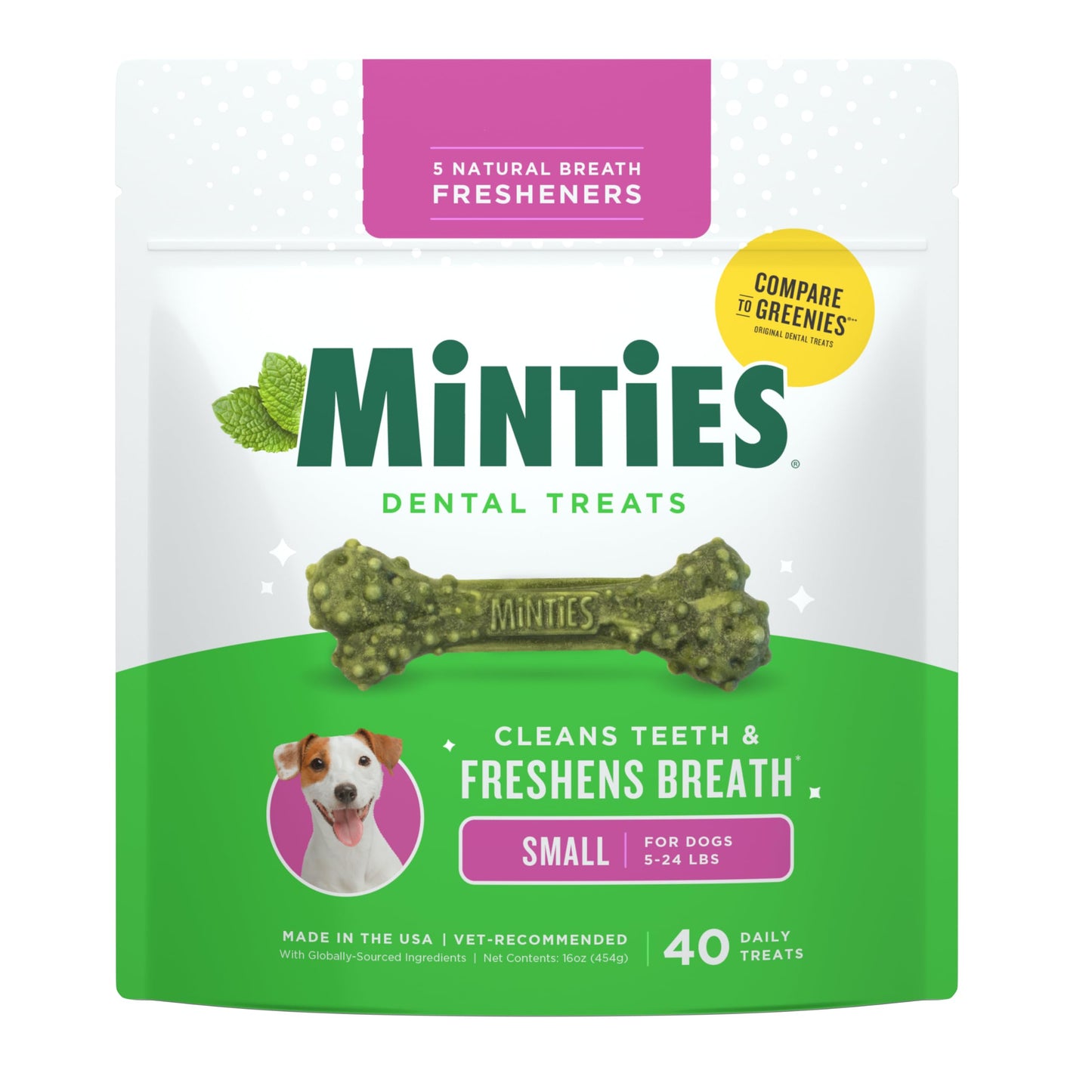 Minties Dog Dental Bone Treats, Tiny/Small Dental Dog Treats, 16 Ounces, Cleans Teeth, Fight Bad Breath, Removes Plaque and Tartar, 16 Count