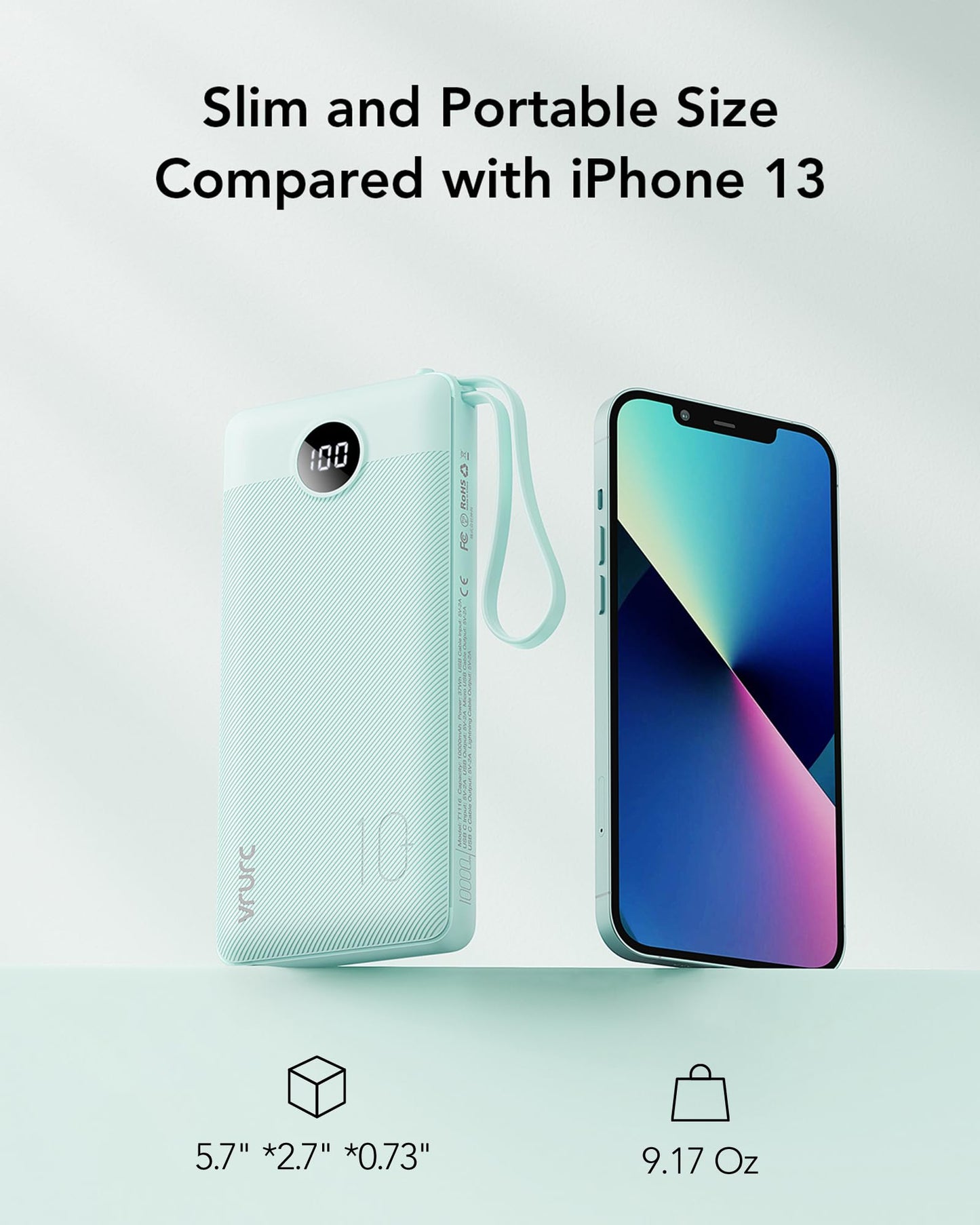 VRURC Portable Charger Power Bank, 10000mAh Travel Essentials Battery Pack, 5 Outputs 2 Inputs Slim Charing Bank Built-in Cables Cords Wires Compatible with iPhone,Samsung,Android-White(1 Pack)