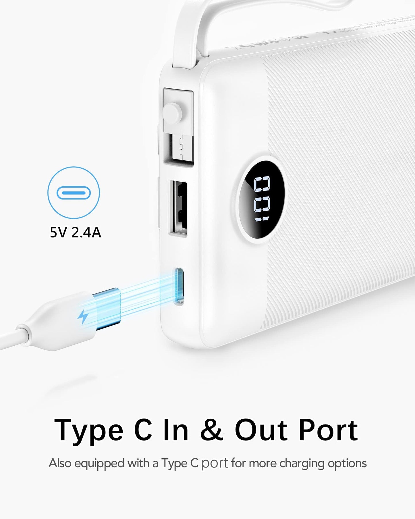 VRURC Portable Charger Power Bank, 10000mAh Travel Essentials Battery Pack, 5 Outputs 2 Inputs Slim Charing Bank Built-in Cables Cords Wires Compatible with iPhone,Samsung,Android-White(1 Pack)