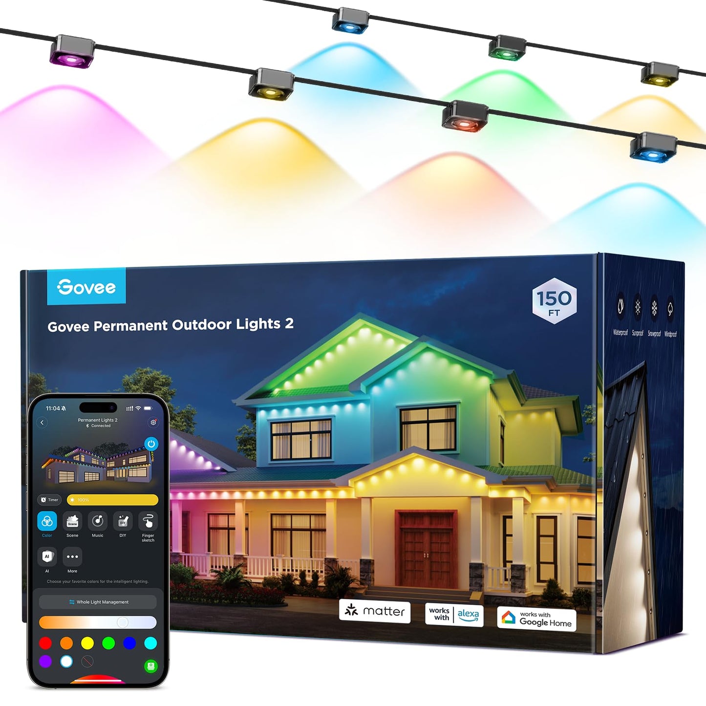 Govee Permanent Outdoor Lights 2, 150ft RGBIC Outdoor Lights with 108 LED Lights, IP67 Waterproof, 100 Scene Modes with 40lm White for Outdoor Decorations, Works with Alexa, Google Assistant, White