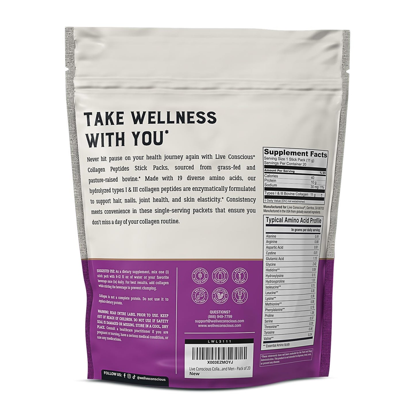 Live Conscious Collagen Peptides Powder - Naturally-Sourced Hydrolyzed Collagen Powder - Hair, Skin, Nail, and Joint Support - Type I & III Grass-Fed Collagen Supplements for Women and Men - 16oz