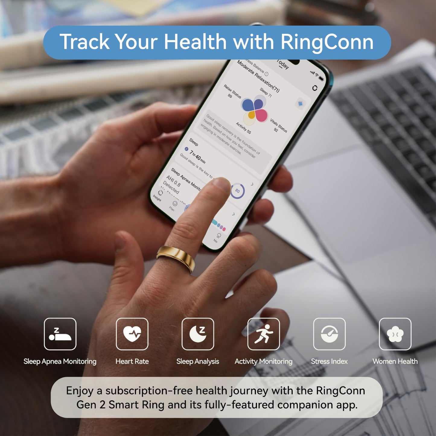 RingConn Gen 2, World’s First Smart Ring with Sleep Apnea Monitoring, No APP Subscription, 12-Day Battery Life, Stress/Heart Rate/Women's Health Tracker, Android & iOS Compatible (Gold, Size 10)