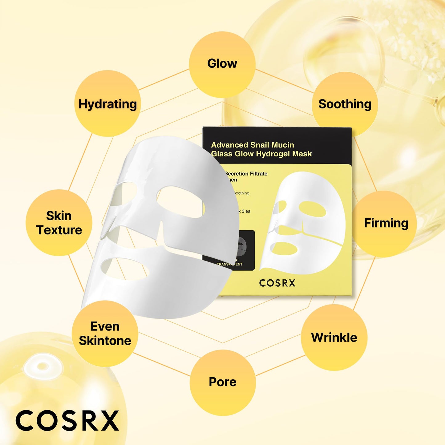 COSRX Advanced Snail Mucin Glass Glow Hydrogel Face Masks Skincare 3 EA, Collagen Face Mask, Travel Essentials, Overnight Face Mask, Korean Skin Care, Stocking Stuffers for Women