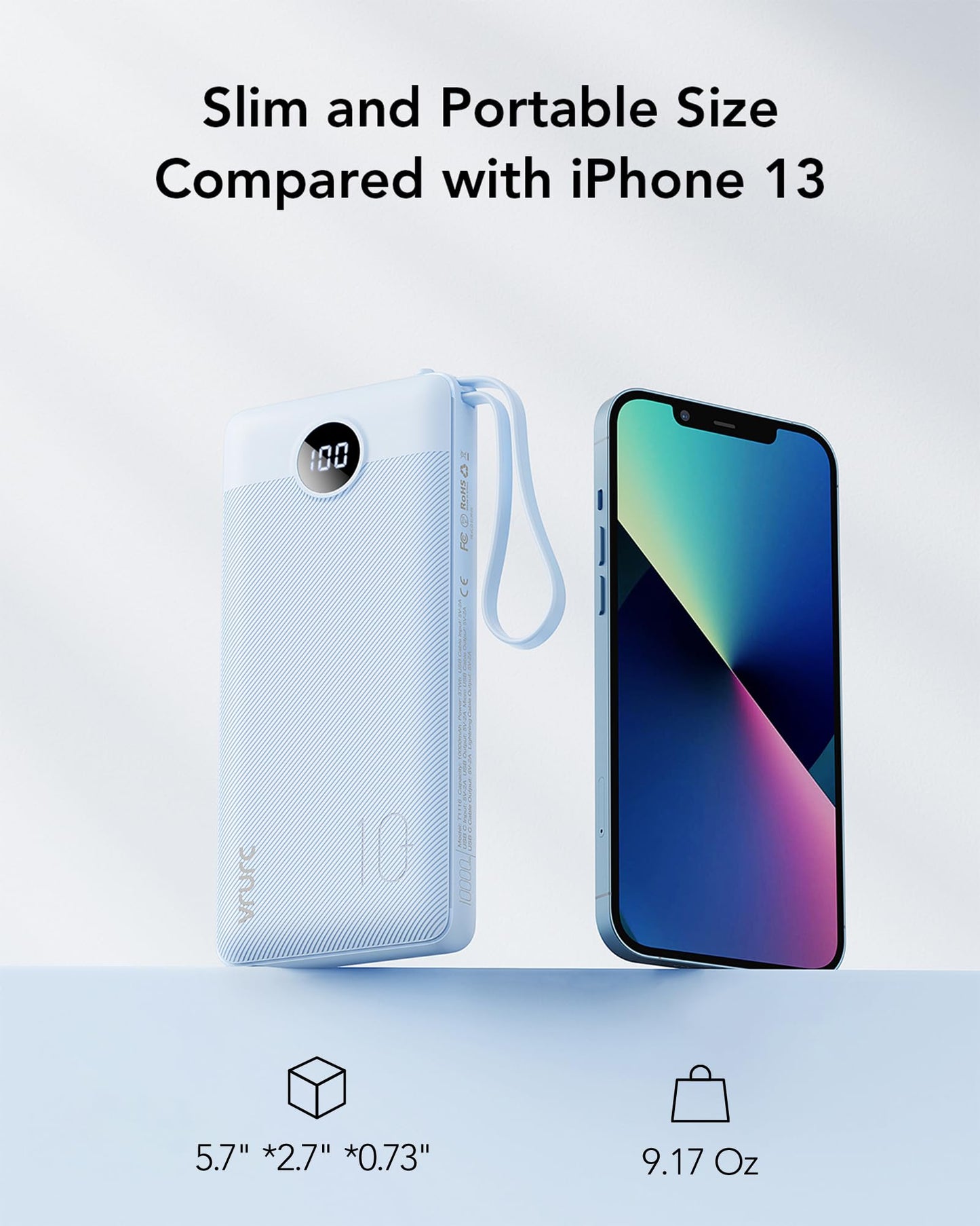 VRURC Portable Charger Power Bank, 10000mAh Travel Essentials Battery Pack, 5 Outputs 2 Inputs Slim Charing Bank Built-in Cables Cords Wires Compatible with iPhone,Samsung,Android-White(1 Pack)