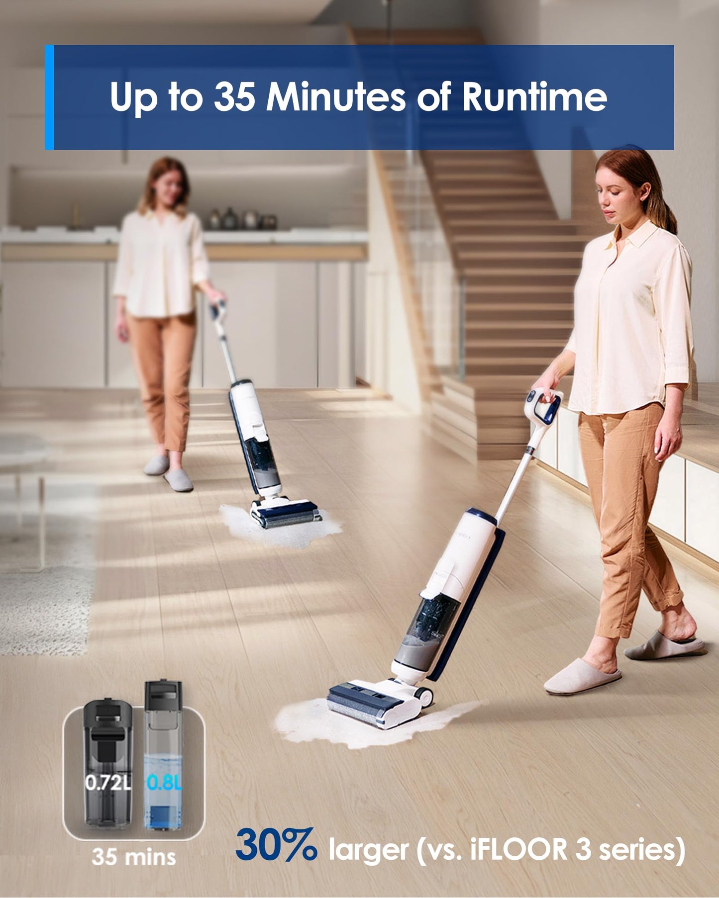 Tineco Floor ONE S5 Smart Cordless Wet Dry Vacuum Cleaner and Mop for Hard Floors, Digital Display, Long Run Time, Great for Sticky Messes and Pet Hair, Space-Saving Design, Blue