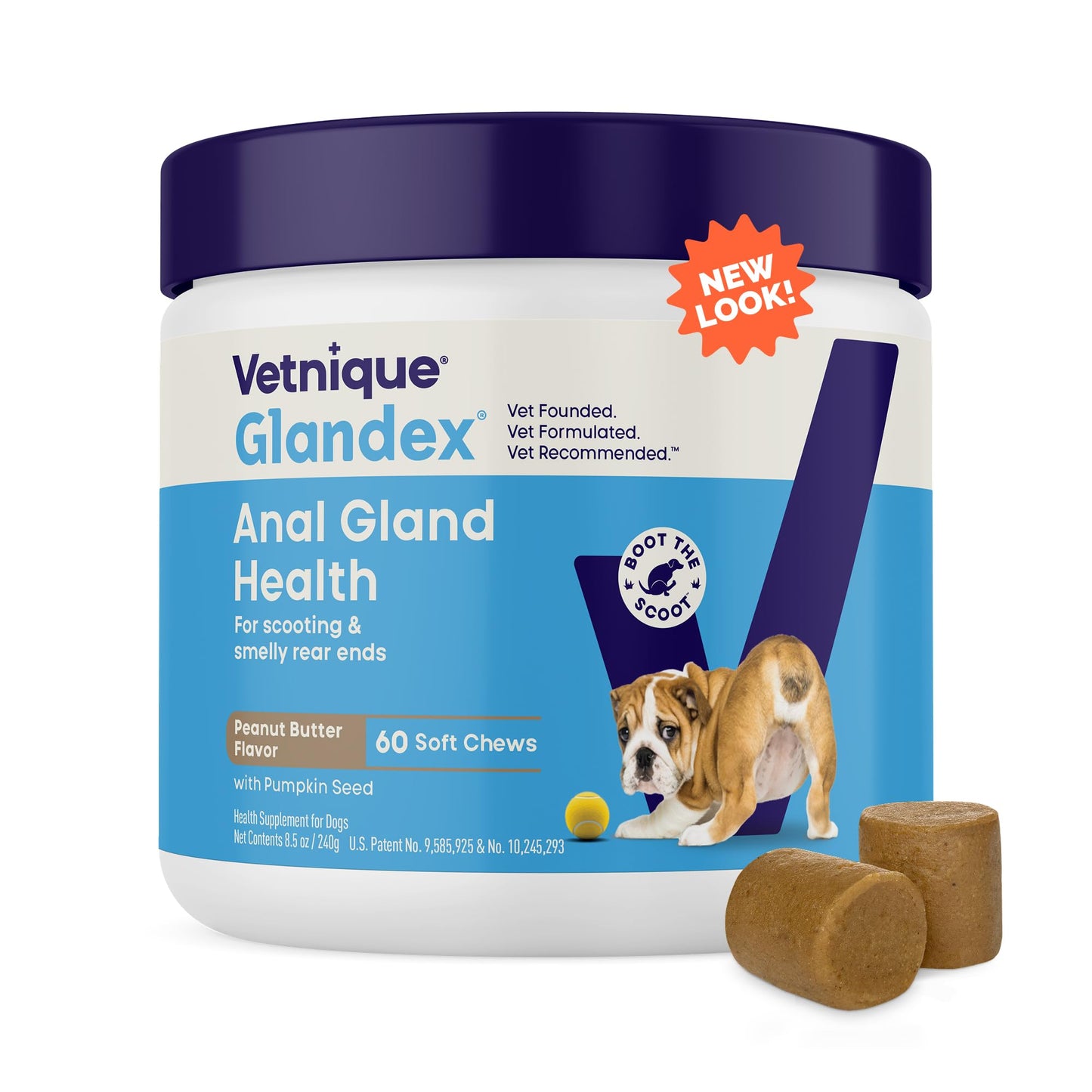 Vetnique Glandex Anal Gland Soft Chew Treats with Pumpkin for Dogs Digestive Enzymes, Probiotics Fiber Supplement for Dogs Boot The Scoot (Peanut Butter Chews, 60 Count)