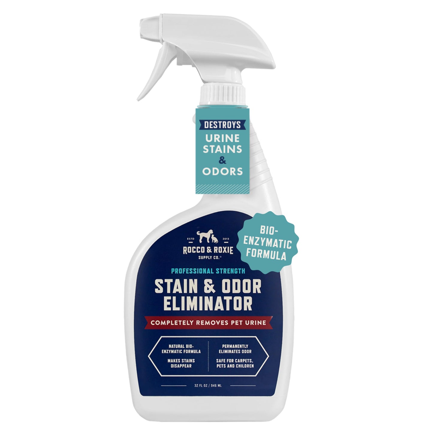 Rocco & Roxie Supply Co. Stain & Strong Odor Eliminator, Enzyme Cleaner, Pet Odor Eliminator for Home - Carpet Stain Remover for Cats & Dog Pee - Urine Destroyer - Carpet Cleaner Spray Clear, 32 Fl Oz