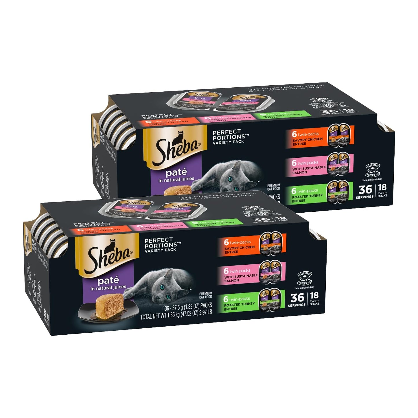 Sheba Perfect Portions Wet Cat Food Pate Savory Chicken Entree, Roasted Turkey Entree, and Tender Beef Entree Variety Pack, 2.6 oz. Twin Pack Trays (24 Count, 48 Servings)