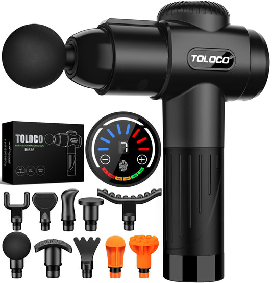 TOLOCO Massage Gun, Deep Tissue Back Massage for Athletes for Pain Relief, Percussion Massager with 10 Massages Heads & Silent Brushless Motor, Christmas Gifts for Women, Men, Black