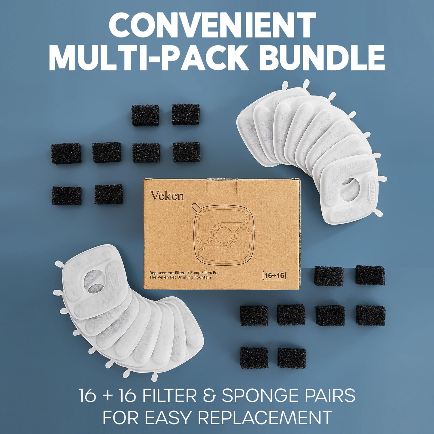 Veken Cat Water Fountain Filters, 8 Pack Replacement Filters & 8 Pack Replacement Pre-Filter Sponges Set for 50oz, 84oz, 95oz or 108oz Automatic Pet Fountain Dog Water Dispenser