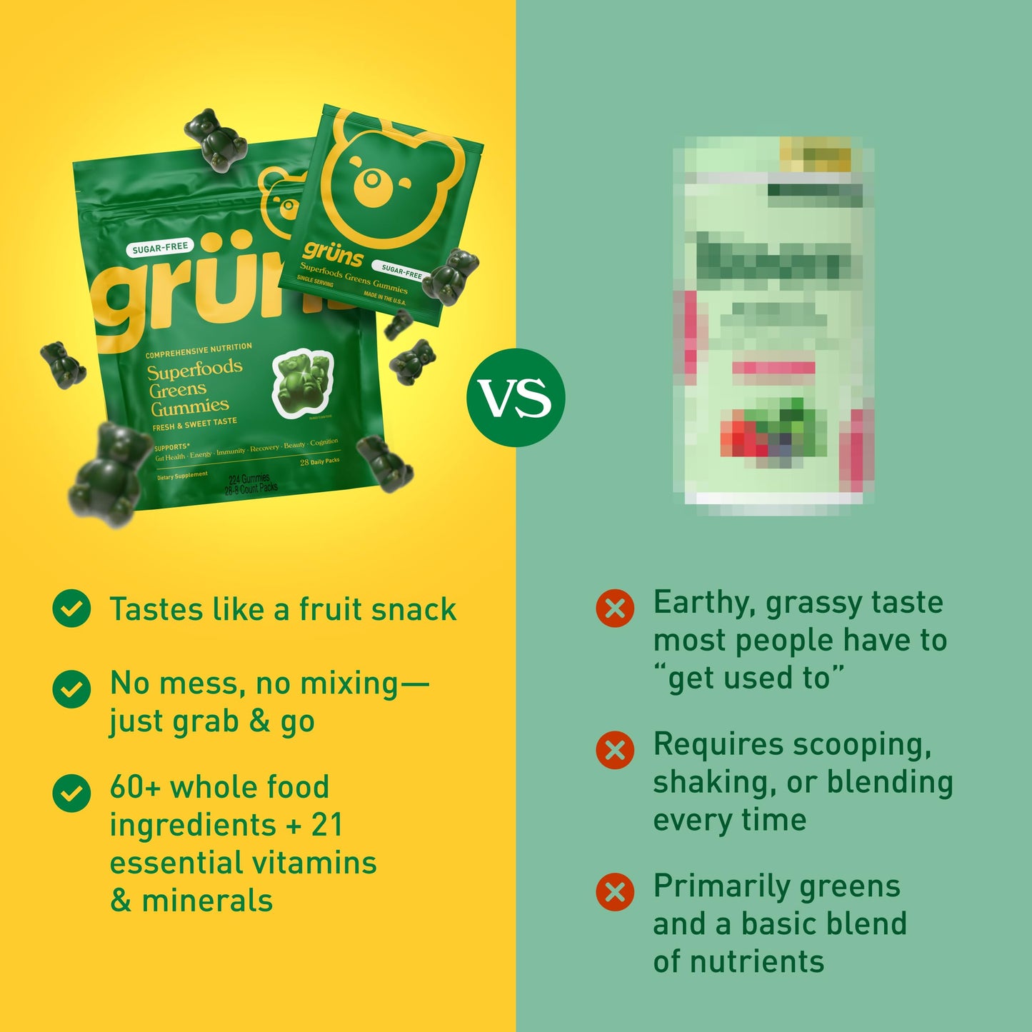 Gruns Adults Super Greens Multivitamin Gummies, Superfood Vitamin Gummy Bears with Spirulina, Chlorella, Prebiotic Fiber for Digestive Health, Adaptogens Supplement, 20 Vitamins & Minerals, 28 Count