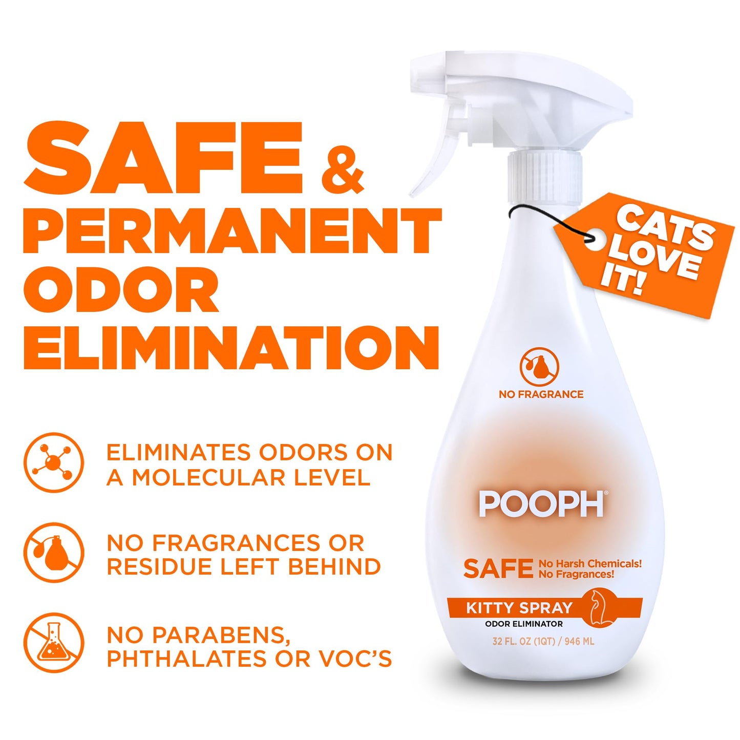POOPH® Pet Odor Eliminator – 32 fl oz Bottle – Organic, NO Fragrances, NO Harsh Chemicals – Fast, Safe and Effective, Works On-Contact! For Home, Auto, Upholstery, Furniture – Safe for Pets & People