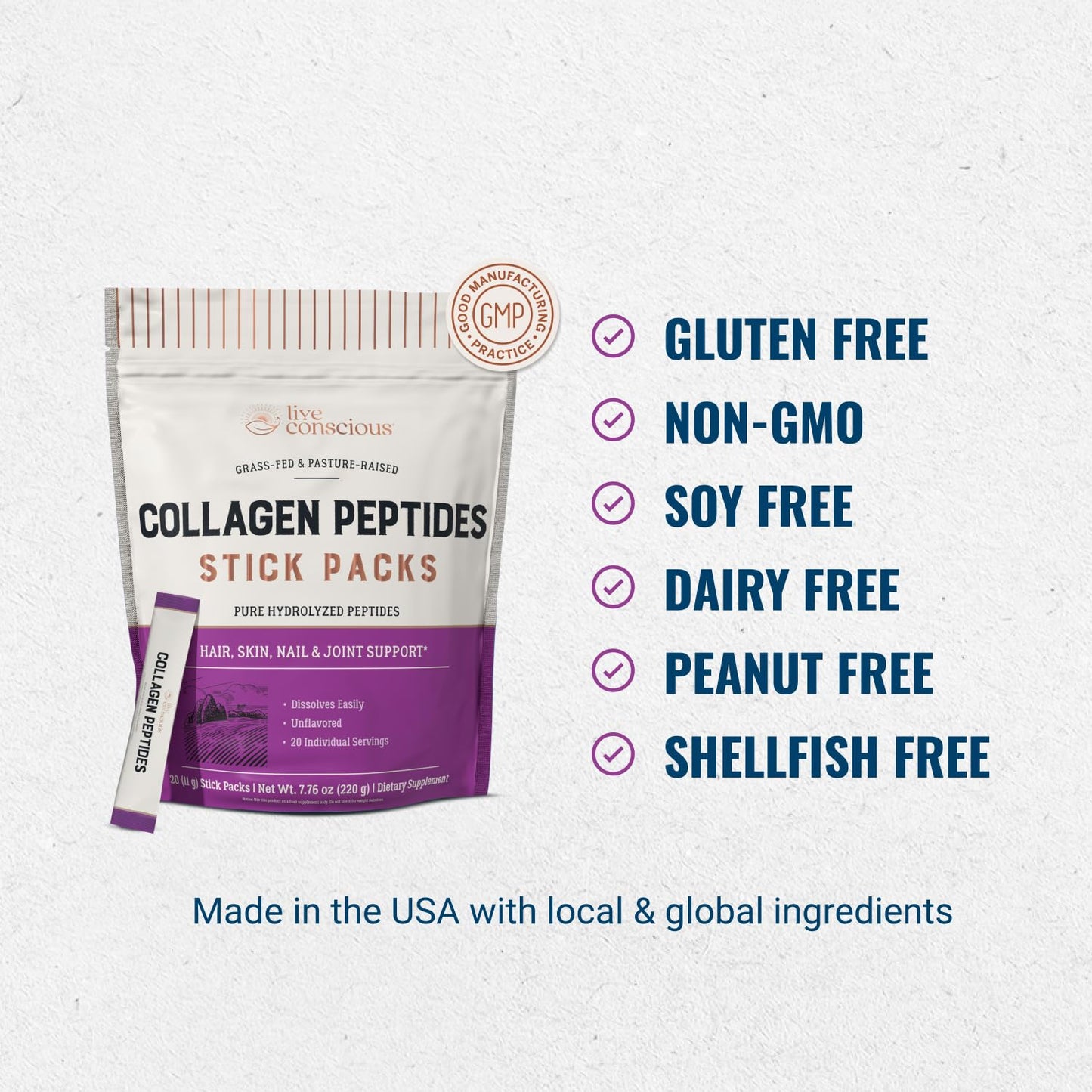 Live Conscious Collagen Peptides Powder - Naturally-Sourced Hydrolyzed Collagen Powder - Hair, Skin, Nail, and Joint Support - Type I & III Grass-Fed Collagen Supplements for Women and Men - 16oz