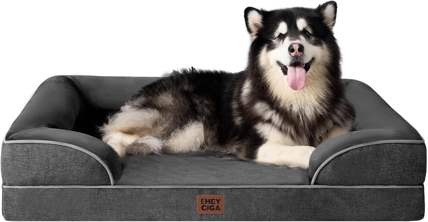 EHEYCIGA Orthopedic Dog Beds for Extra Large Dogs 44x32Inch, Waterproof Memory Foam XL Pet Bed with Sides, Non-Slip and Egg-Crate Foam Big Dog Couch Bed with Washable Removable Cover, Grey