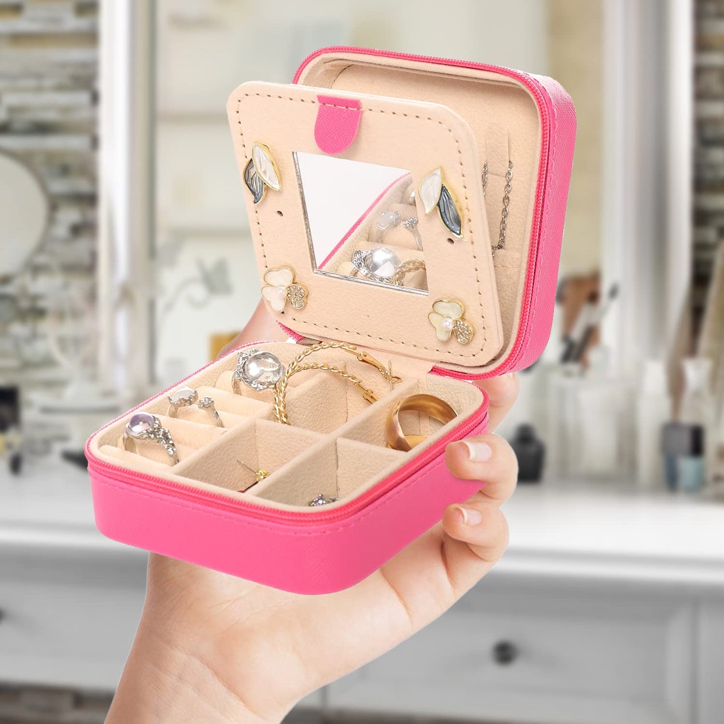 KElofoN Travel jewelry case Travel jewelry box Travel Jewelry Organizer Small box Gift for Girls Women with Mirror(Green)