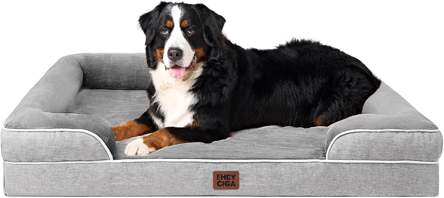 EHEYCIGA Orthopedic Dog Beds for Extra Large Dogs 44x32Inch, Waterproof Memory Foam XL Pet Bed with Sides, Non-Slip and Egg-Crate Foam Big Dog Couch Bed with Washable Removable Cover, Grey