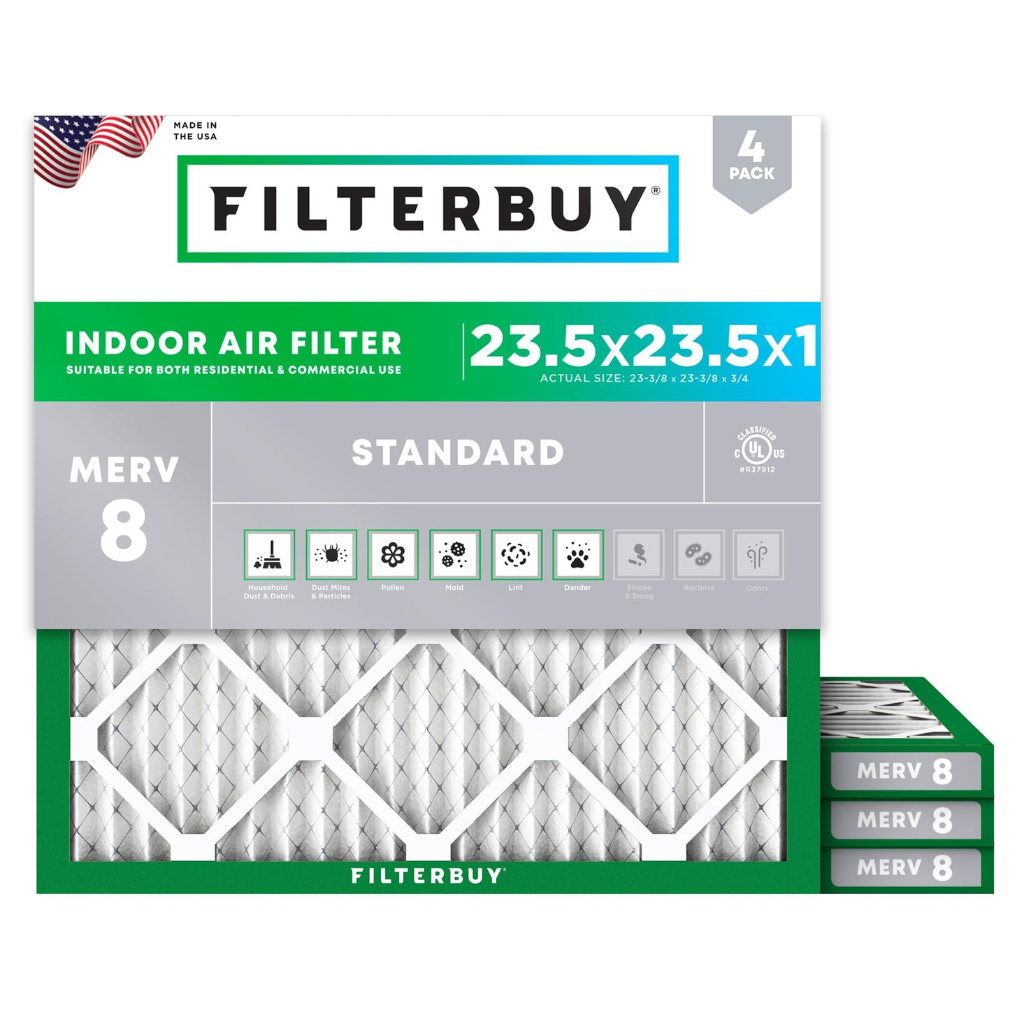 Filterbuy 16x25x1 Air Filter MERV 8 Essential Dust & Allergy Defense (4-Pack), Electrostatic Pleated HVAC AC Furnace Filters Replacement, Made in USA (Actual Size: 15.50 x 24.50 x 0.75)