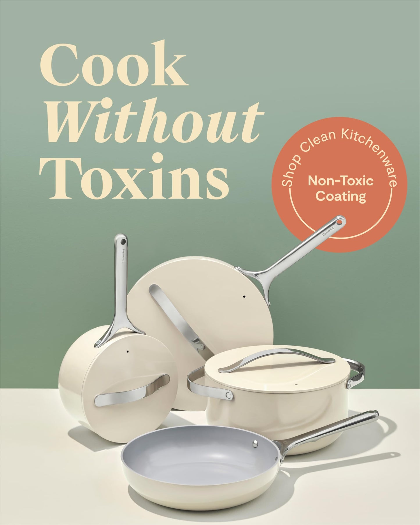 Caraway Deluxe Non-stick Ceramic Cookware Set (16 Piece) Pots, Frying Pans, Lids and Kitchen Storage - PFAS & PFOA Free - Oven Safe Pan Set & Compatible with All Stovetops - Cream