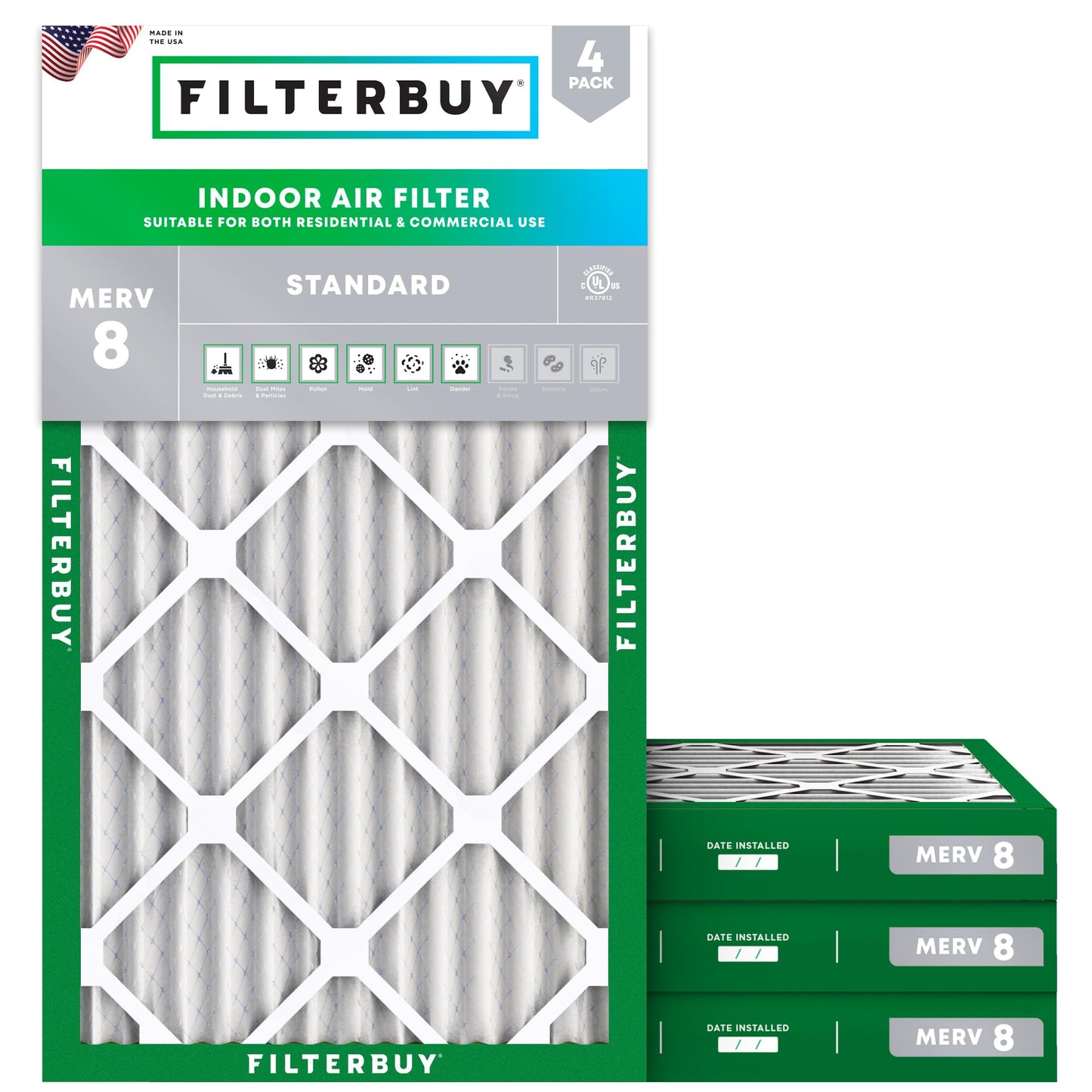 Filterbuy 16x25x1 Air Filter MERV 8 Essential Dust & Allergy Defense (4-Pack), Electrostatic Pleated HVAC AC Furnace Filters Replacement, Made in USA (Actual Size: 15.50 x 24.50 x 0.75)