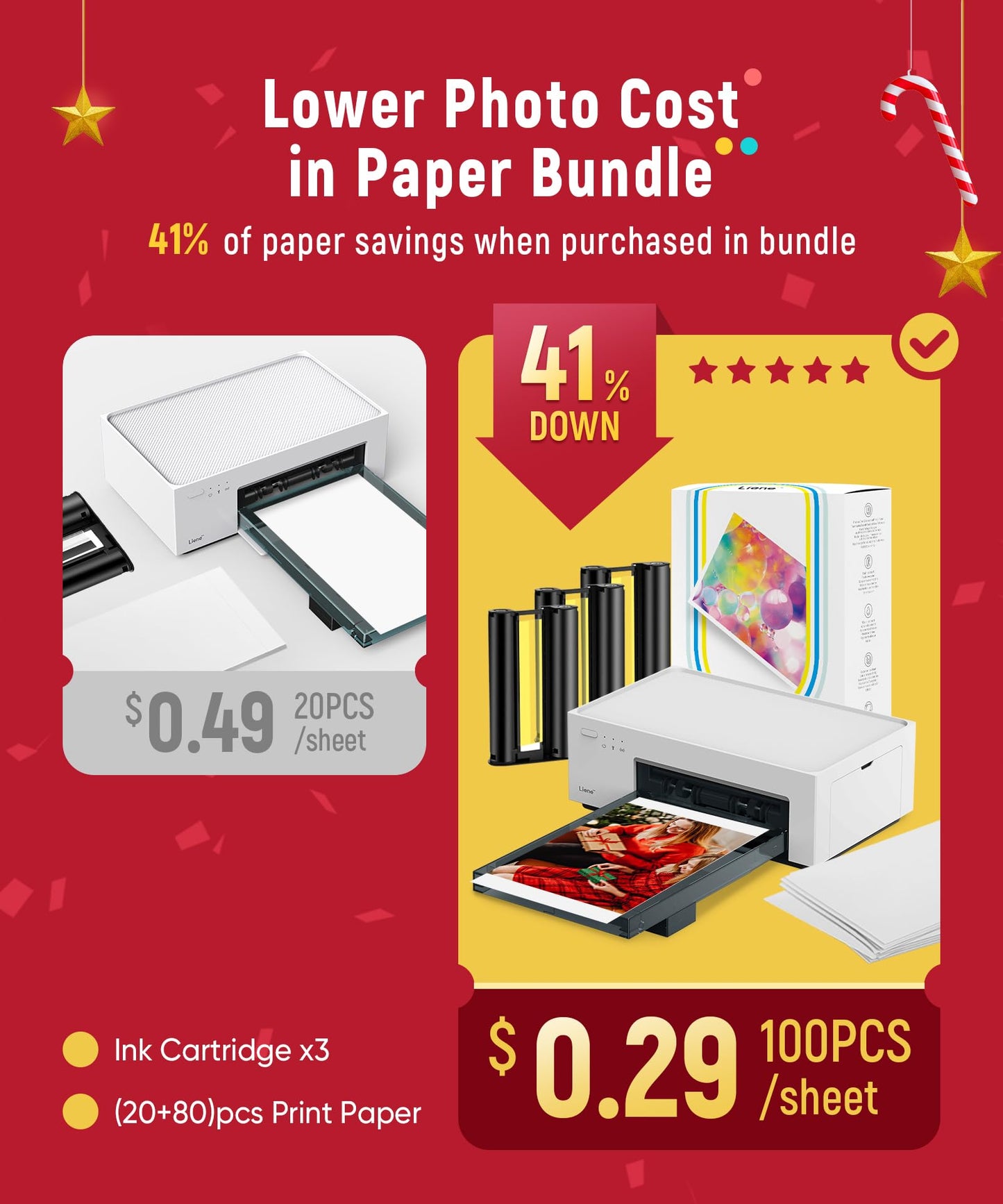 Liene M100 4x6'' Photo Printer, Phone Printer 100 Sheets & 3 Cartridges, Full-Color Photo, Portable Instant Photo Printer for iPhone Android, Thermal Dye Sublimation, Wi-Fi Picture Printer 100 Papers