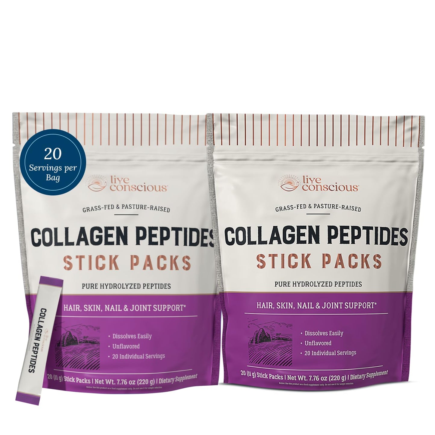 Live Conscious Collagen Peptides Powder - Naturally-Sourced Hydrolyzed Collagen Powder - Hair, Skin, Nail, and Joint Support - Type I & III Grass-Fed Collagen Supplements for Women and Men - 16oz