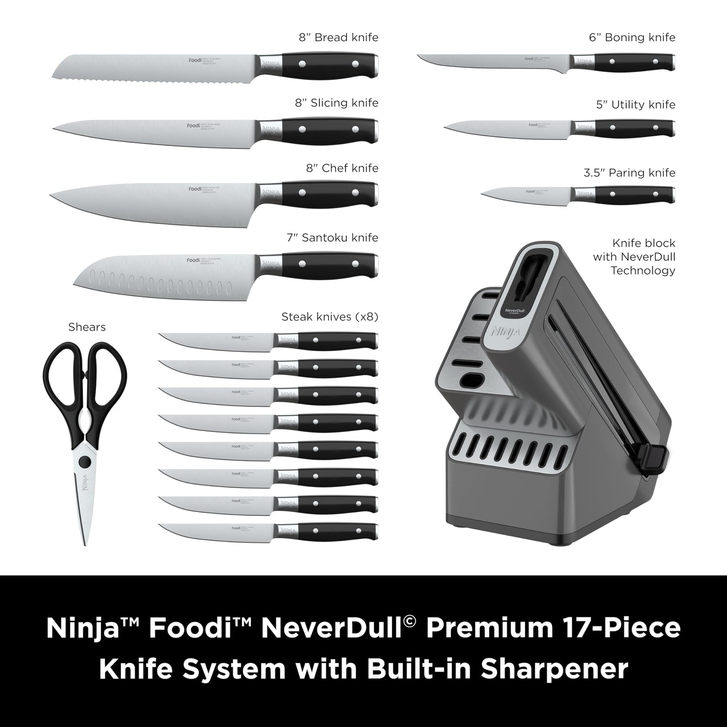 Ninja Knife Set, Knife Sharpener, Knife Block Set, Stainless Steel Knives, 14 Piece Set, Steak Knives, Chef Knives and More, Foodi NeverDull, Black, K32014