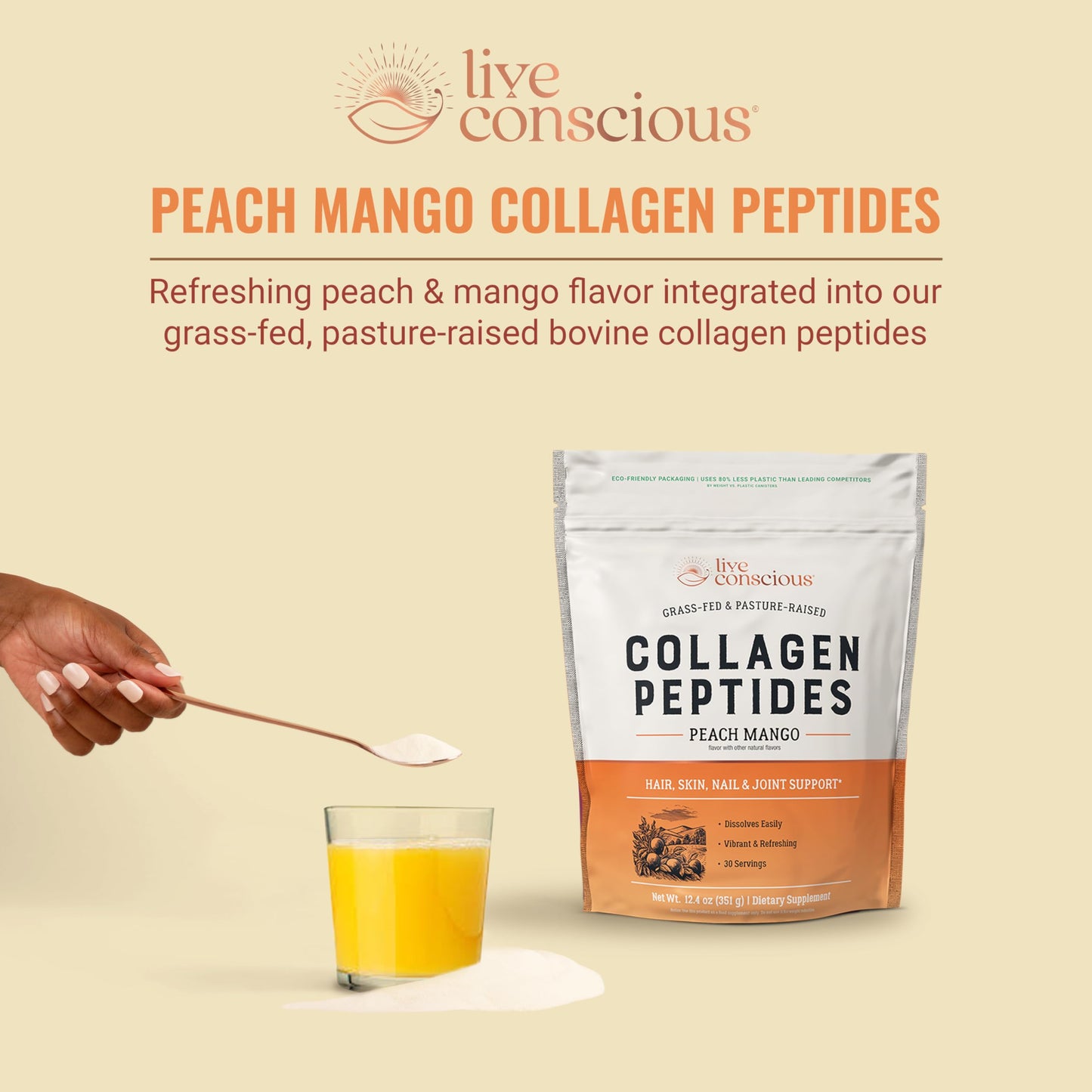 Live Conscious Collagen Peptides Powder - Naturally-Sourced Hydrolyzed Collagen Powder - Hair, Skin, Nail, and Joint Support - Type I & III Grass-Fed Collagen Supplements for Women and Men - 16oz