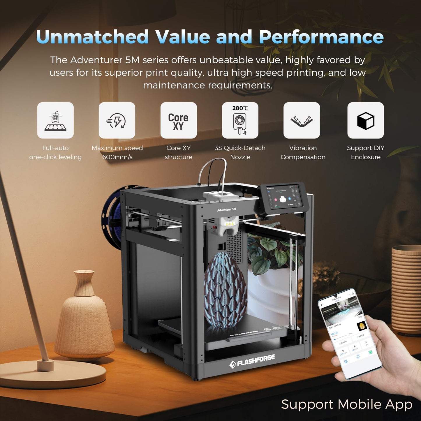 FLASHFORGE Adventurer 5M Pro 3D Printer with 1 Click Auto Printing System, 600mm/s High-Speed, Quick Detachable 280°C Nozzle, Core XY All-Metal Structure, Multi-Functional 220x220x220mm 3D Printer