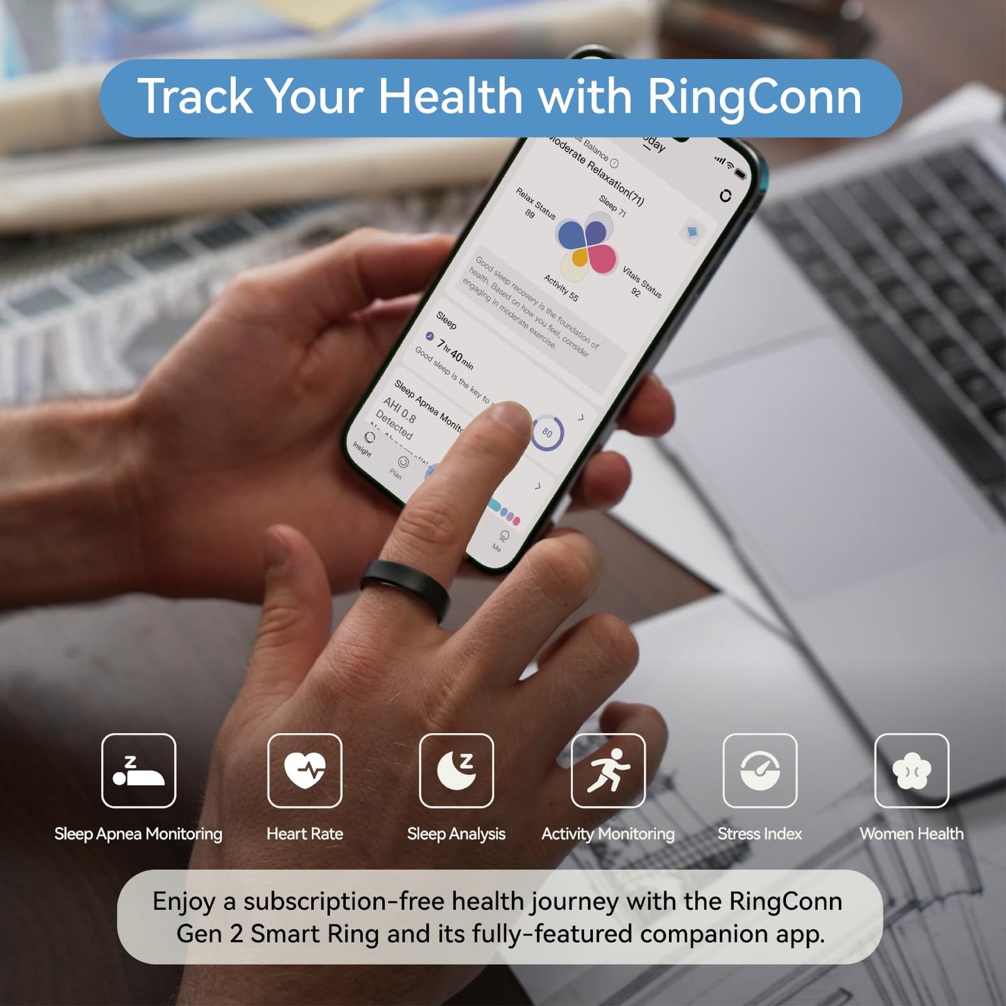 RingConn Gen 2, World’s First Smart Ring with Sleep Apnea Monitoring, No APP Subscription, 12-Day Battery Life, Stress/Heart Rate/Women's Health Tracker, Android & iOS Compatible (Gold, Size 10)