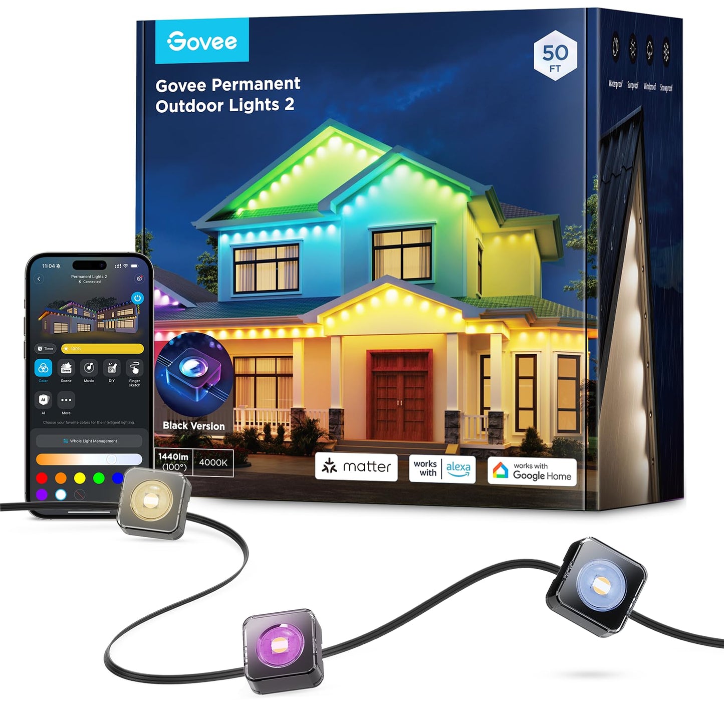 Govee Permanent Outdoor Lights 2, 150ft RGBIC Outdoor Lights with 108 LED Lights, IP67 Waterproof, 100 Scene Modes with 40lm White for Outdoor Decorations, Works with Alexa, Google Assistant, White