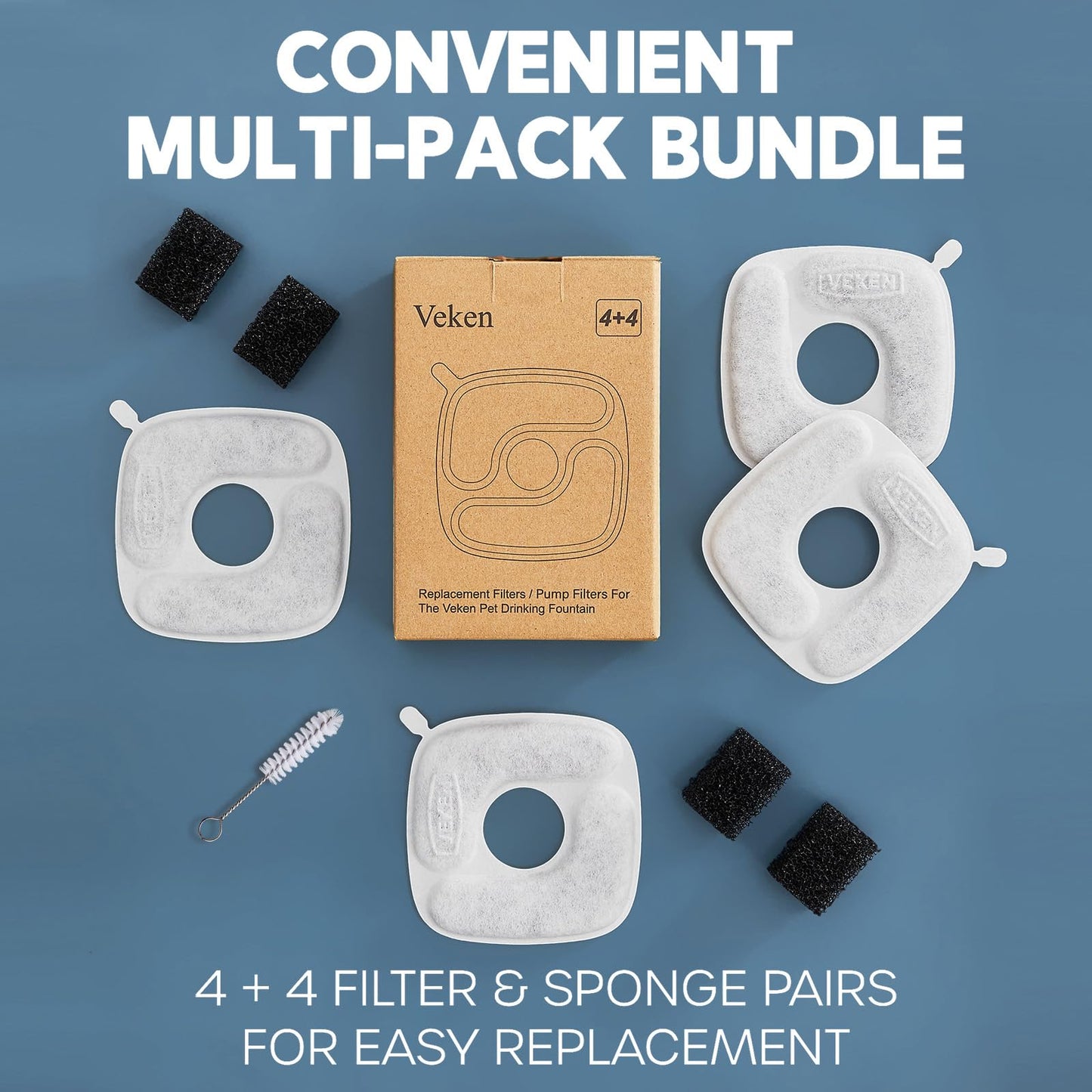 Veken Cat Water Fountain Filters, 8 Pack Replacement Filters & 8 Pack Replacement Pre-Filter Sponges Set for 50oz, 84oz, 95oz or 108oz Automatic Pet Fountain Dog Water Dispenser