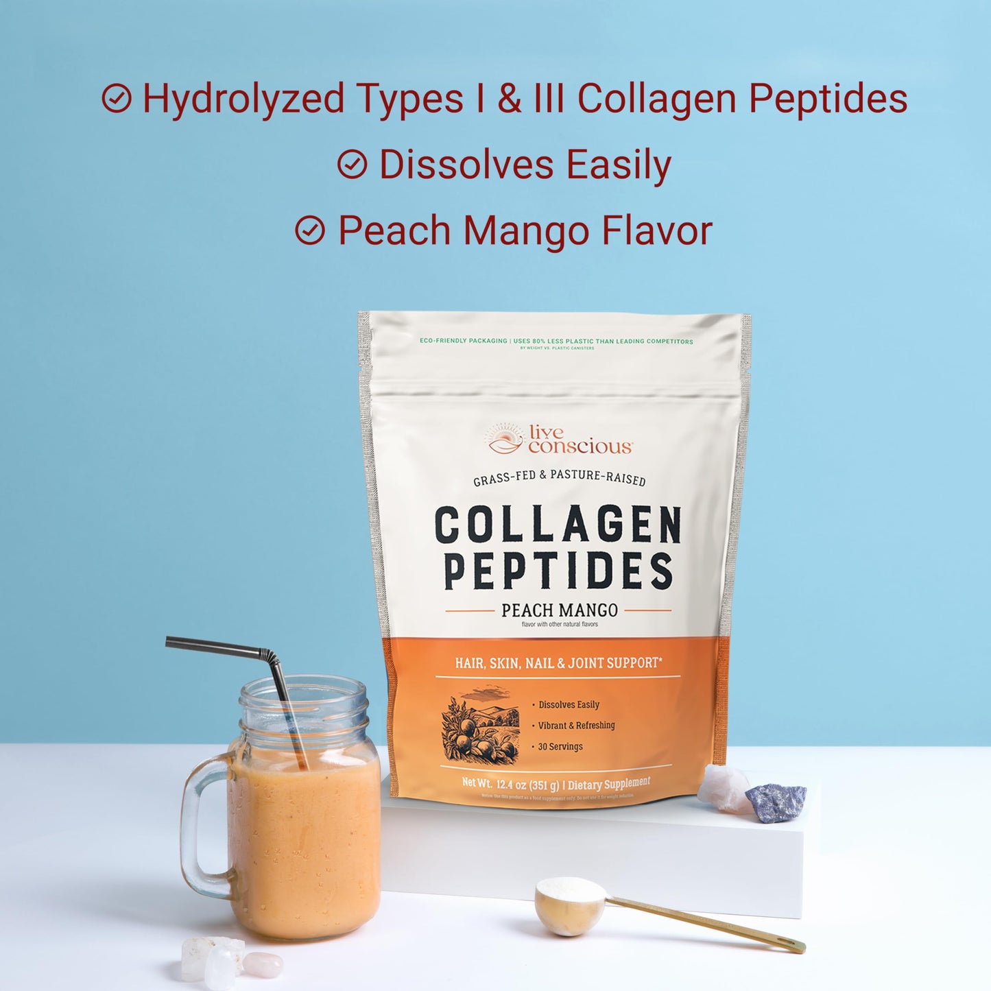 Live Conscious Collagen Peptides Powder - Naturally-Sourced Hydrolyzed Collagen Powder - Hair, Skin, Nail, and Joint Support - Type I & III Grass-Fed Collagen Supplements for Women and Men - 16oz
