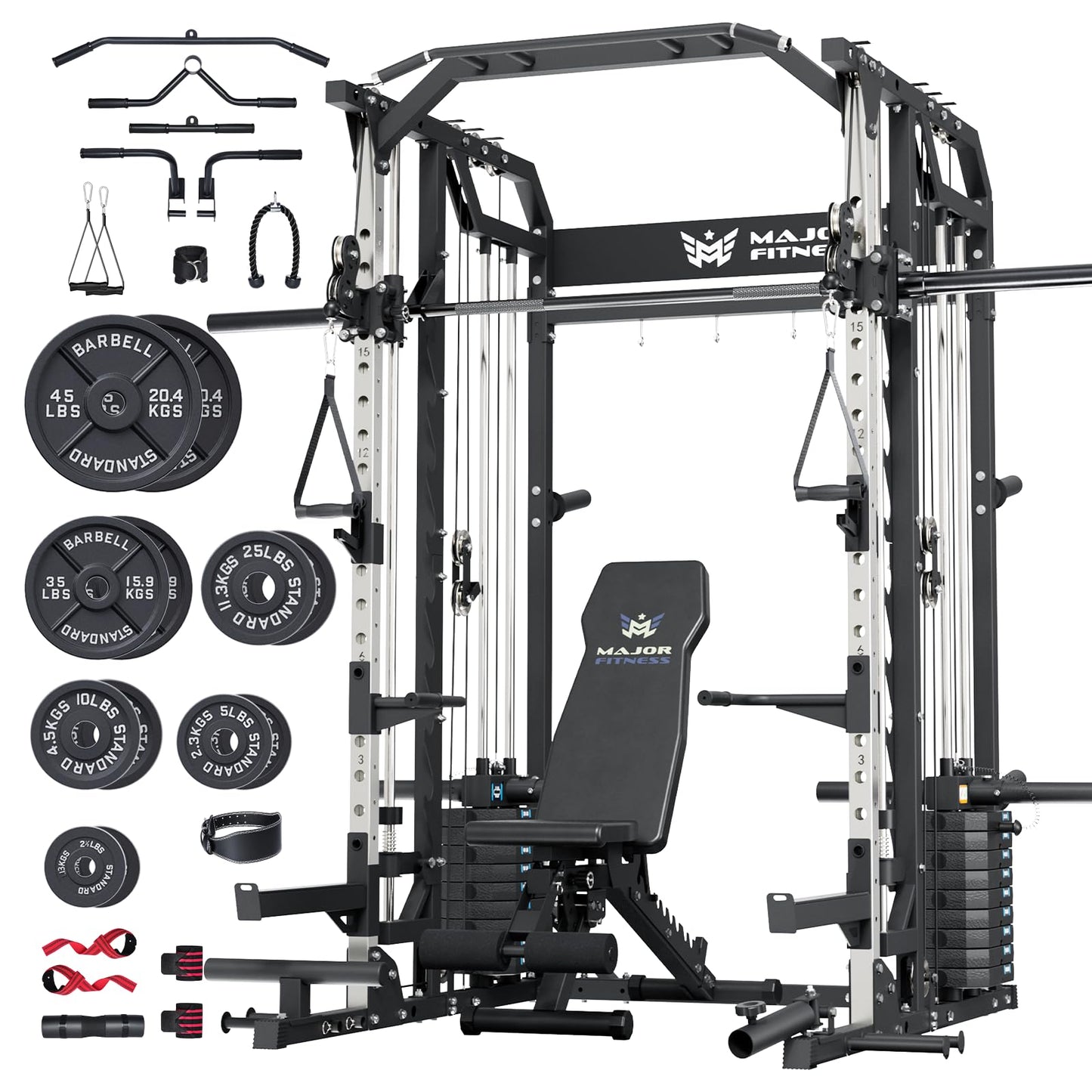Major Fitness Drone2 Advanced Training Smith Machines– All-in-One Home Gym Squat Rack with Aluminum Pulley Set , Weight Bar, Dual LAT Pull-Down Systems & Cable Crossover Machine for Full-Body Workouts