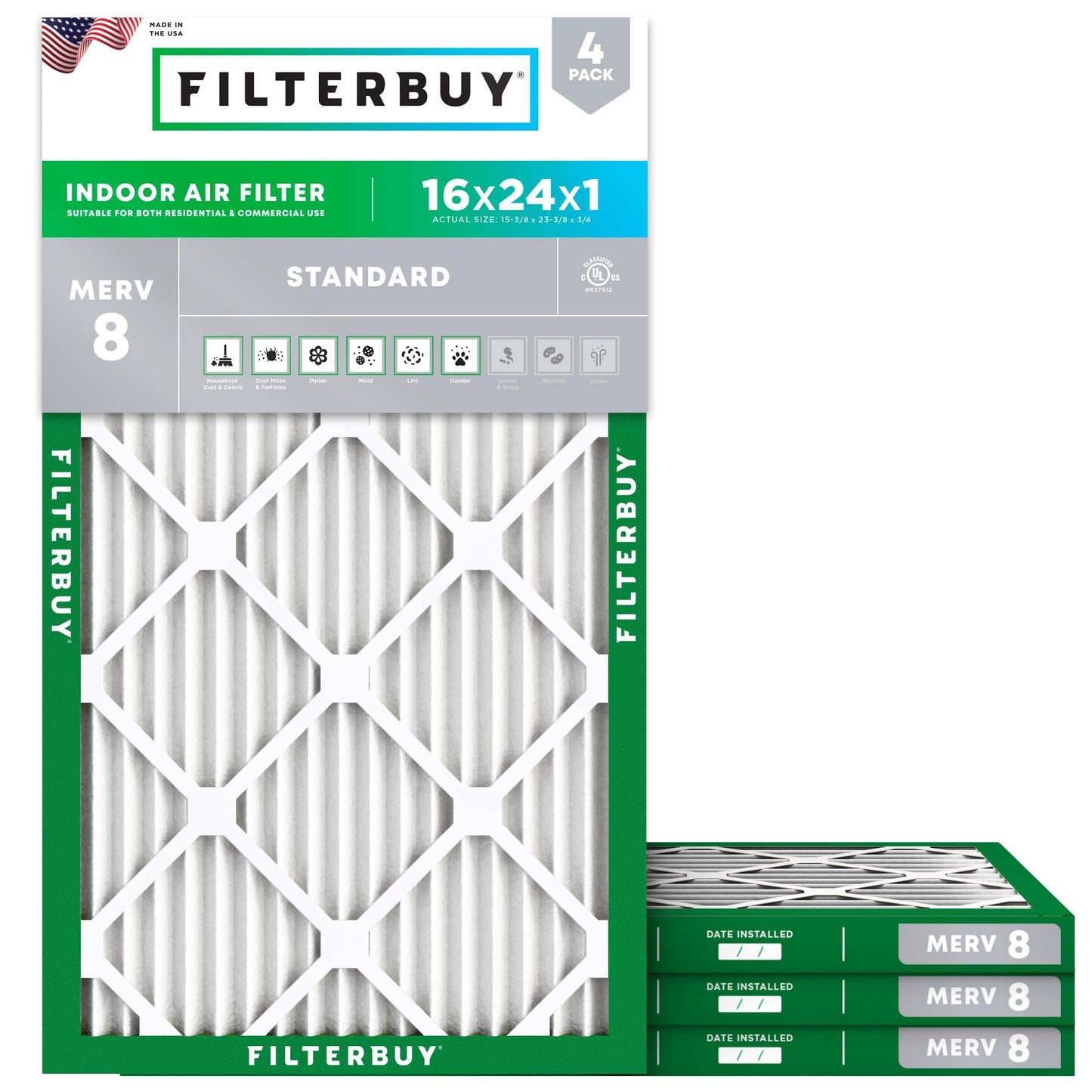 Filterbuy 16x25x1 Air Filter MERV 8 Essential Dust & Allergy Defense (4-Pack), Electrostatic Pleated HVAC AC Furnace Filters Replacement, Made in USA (Actual Size: 15.50 x 24.50 x 0.75)