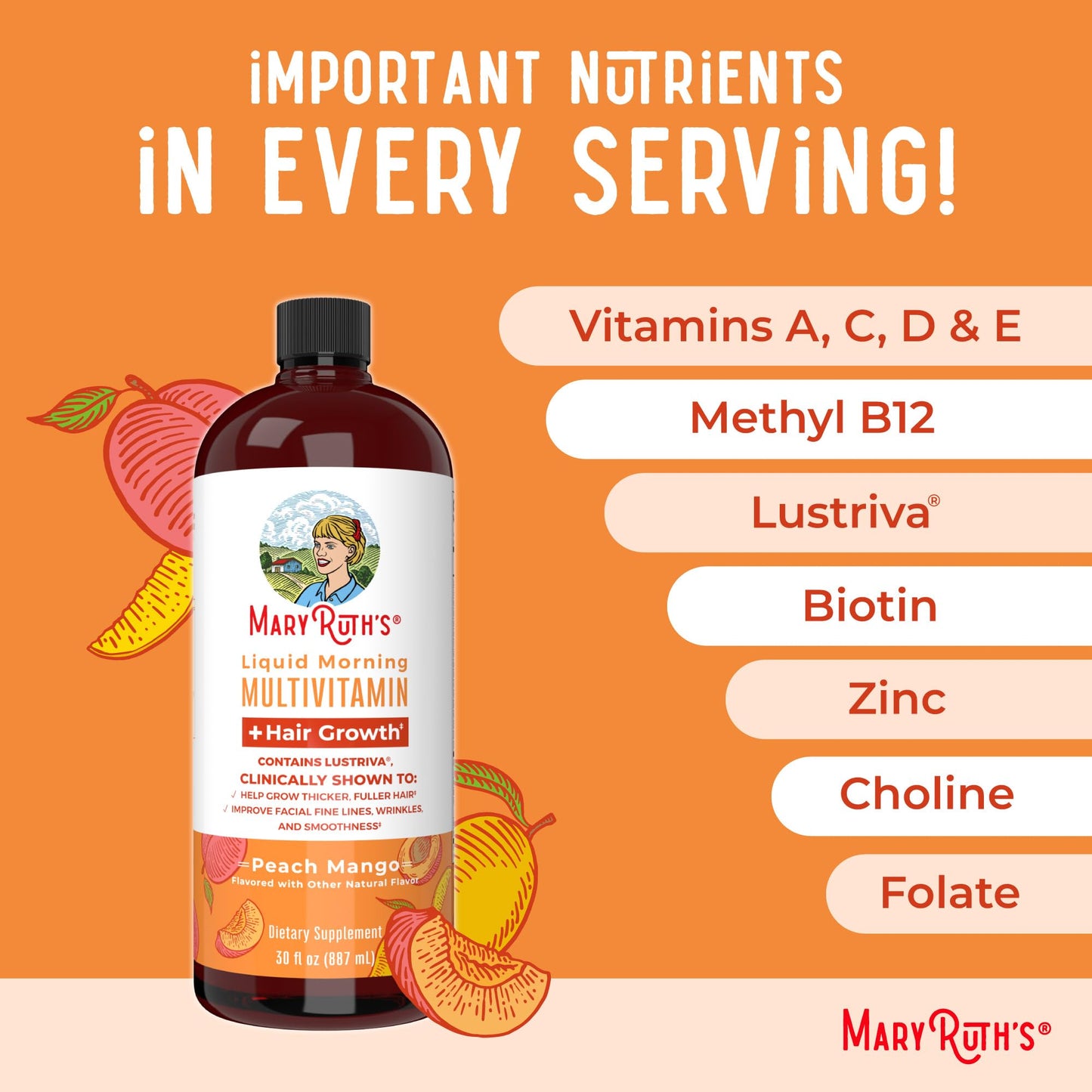 MaryRuth's Liquid Multivitamin + Hair Growth | Biotin 10000mcg | Lustriva Hair Growth Supplement | Clinically Tested in Women for Thicker Hair & Facial Wrinkle | Skin Care | Ages 18+ | 15.22 Fl Oz
