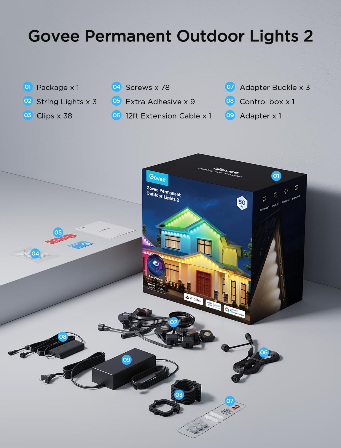 Govee Permanent Outdoor Lights 2, 150ft RGBIC Outdoor Lights with 108 LED Lights, IP67 Waterproof, 100 Scene Modes with 40lm White for Outdoor Decorations, Works with Alexa, Google Assistant, White