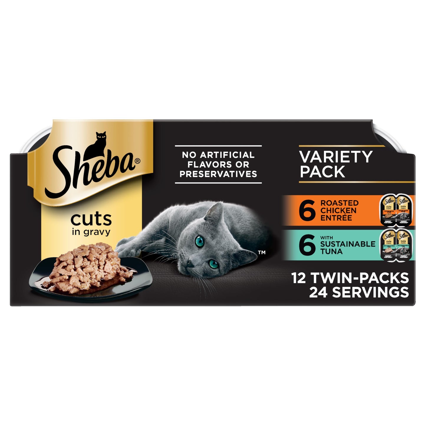 Sheba Perfect Portions Wet Cat Food Cuts in Gravy, Roasted Chicken Entree, with Sustainable Salmon, Tender Turkey Entree, 2.6 oz. Twin-Pack Trays (24 Count, 48 Servings)