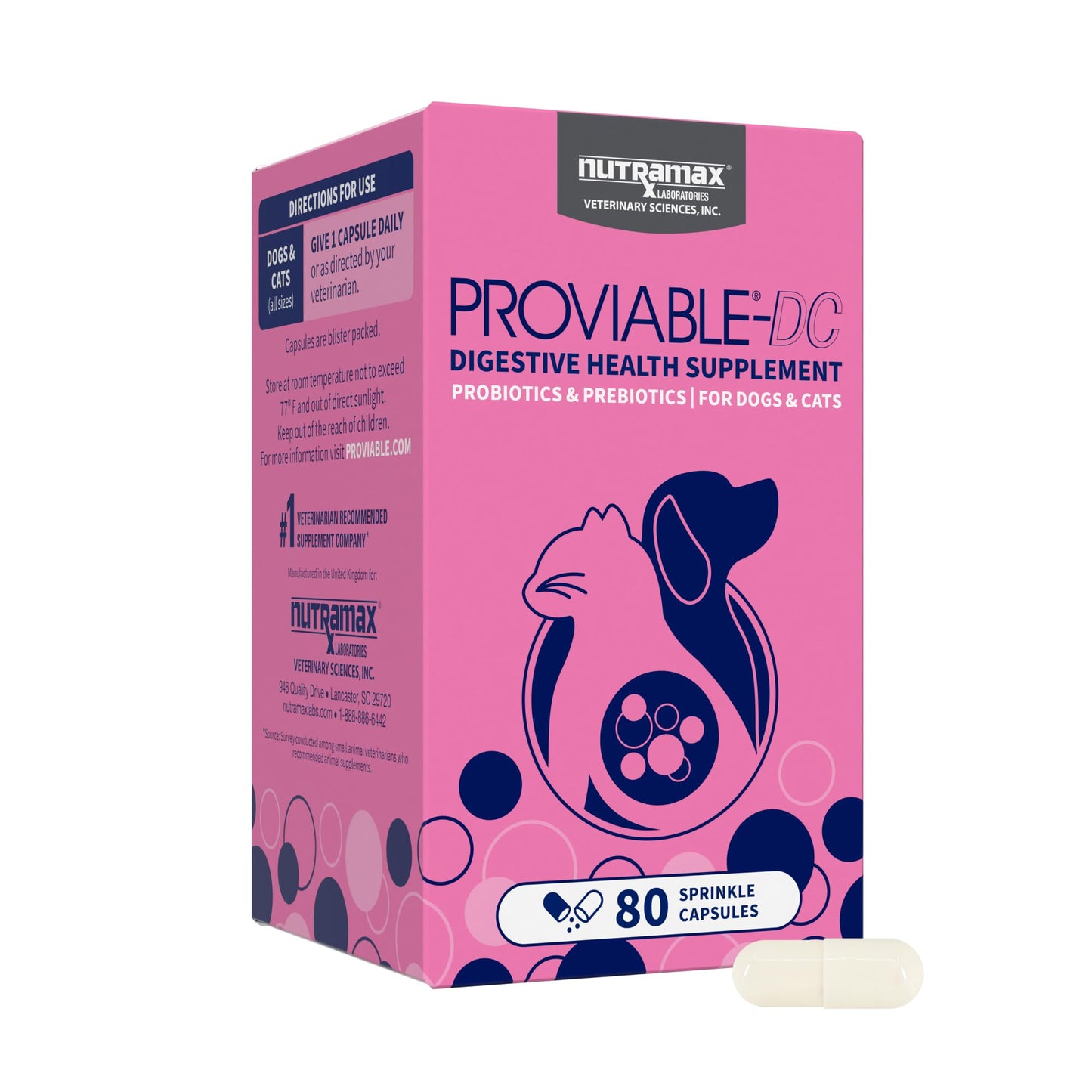Nutramax Proviable Probiotics for Dogs and Cats, Daily Digestive Health Supplement with Multiple Strains of Bacteria, Cat and Dog Probiotics Plus Prebiotics, 30 Capsules