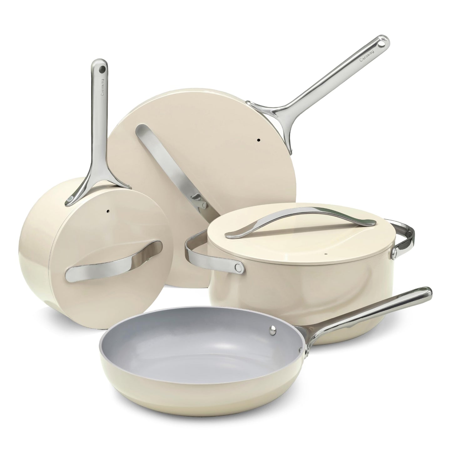 Caraway Deluxe Non-stick Ceramic Cookware Set (16 Piece) Pots, Frying Pans, Lids and Kitchen Storage - PFAS & PFOA Free - Oven Safe Pan Set & Compatible with All Stovetops - Cream